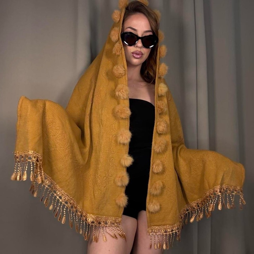 Elegant Mustard Wrap with Tassel Details